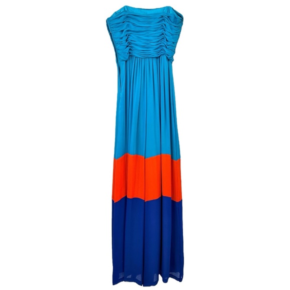 Bill Blass Evening 1970s Vintage Strapless Teal Blue Orange Silk Dress Jumpsuit - Picture 2 of 7